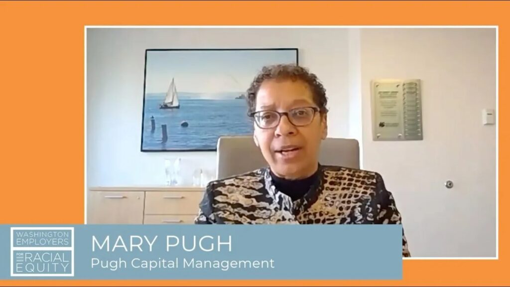 Screenshot of a video call with Mary Pugh from Pugh Capital Management