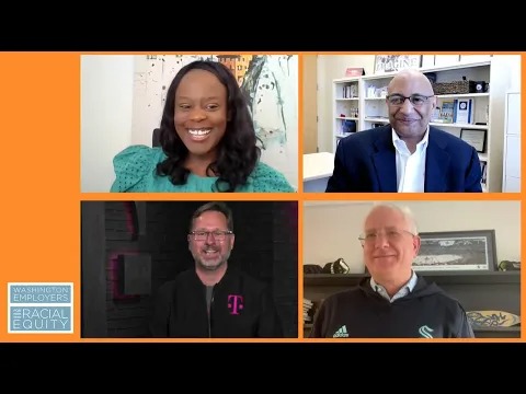 Screenshot of 4 diverse people on a video call.