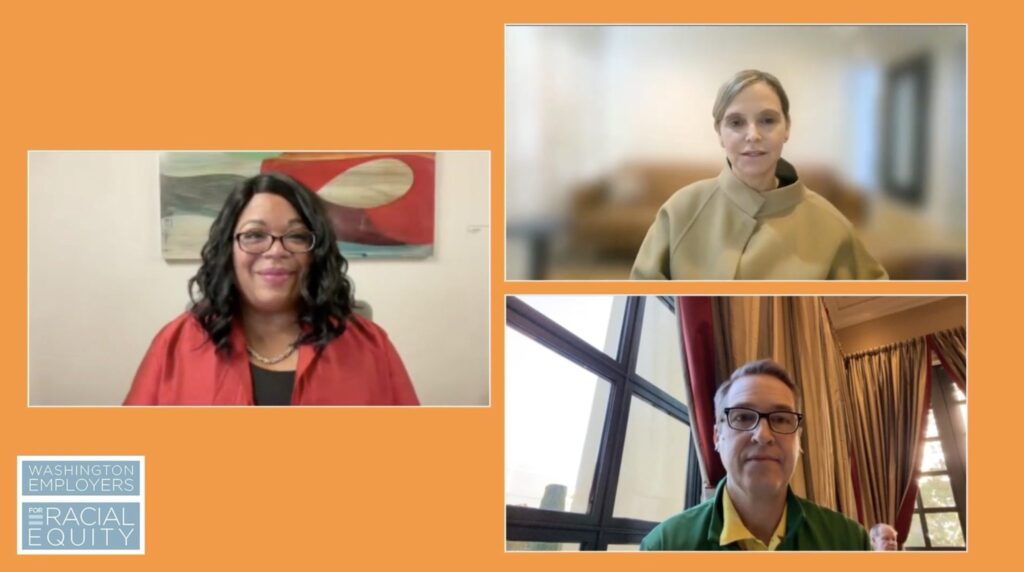 Screenshot of 3 diverse people on a video call